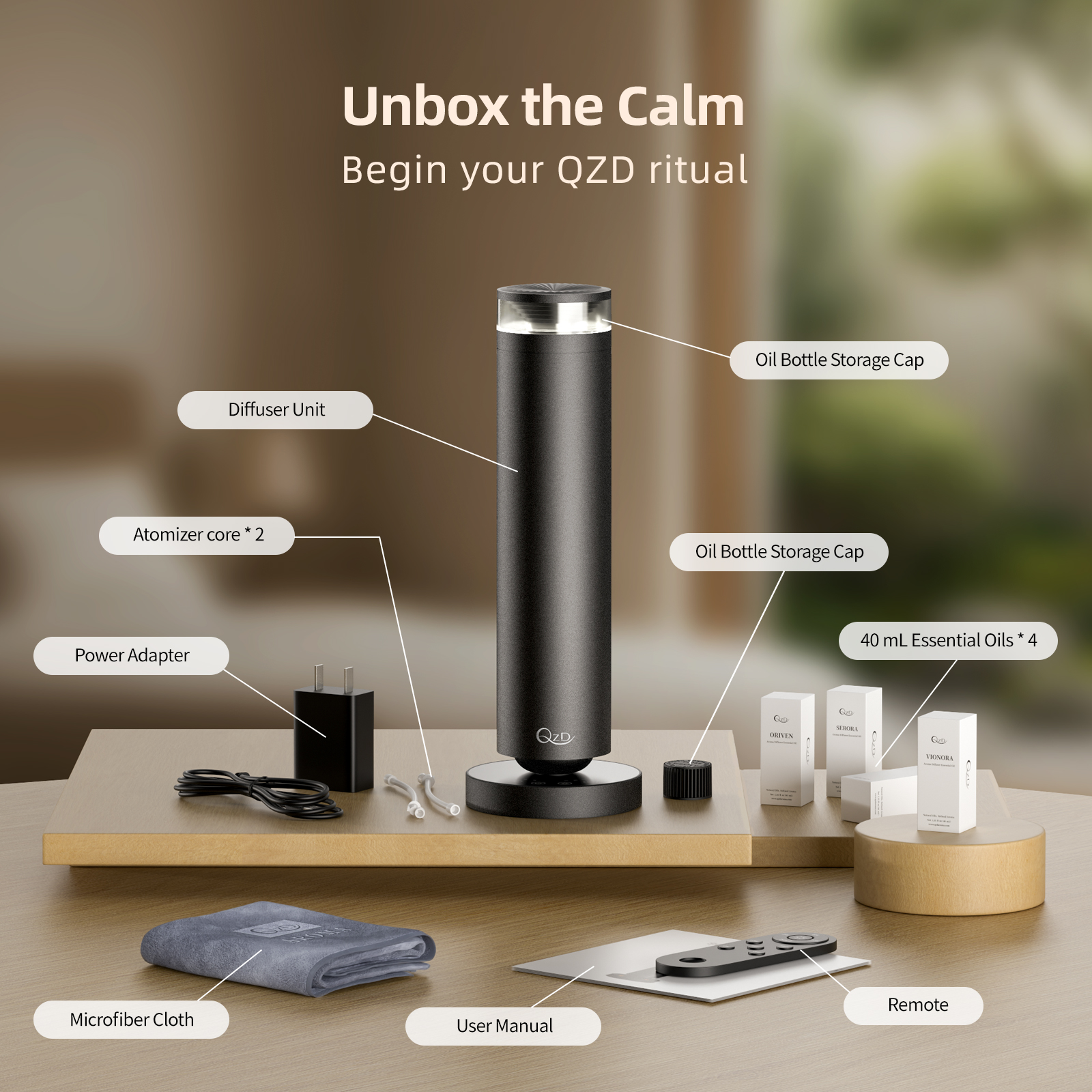 QZD Waterless Aroma Diffuser – Cold Air Scent Machine for Home, Office, Hotel & Spa – Dual Warm Ambient Lighting – Includes 4 x 40ml Essential Oils – Premium Home Fragrance Gift Set